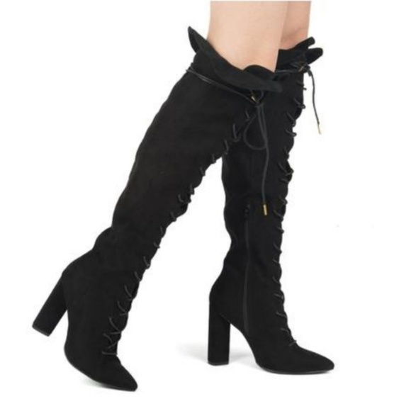 RESTOCKED Faux Suede Lace Up Knee Hi Boots – Black - Picture 5 of 6